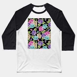 Botanical Roses Seamless Pattern On Black Background Baseball T-Shirt